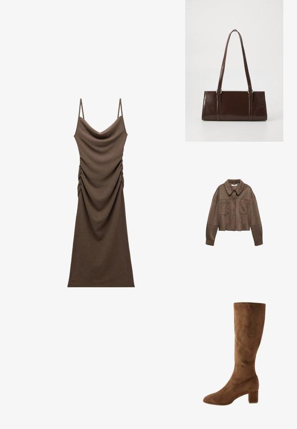 Brun faux suede cropped jakke med krave, to brystlommer og lange ærmer, samt knaplukning og syede detaljer.; Brun, ærmeløs kjole med draperet for og sammenrullet sidesyning. Lavet af struktureret stof, designet med tynde stropper.; Brun ruskind knæhøj støvle med spids tå og blokhæl. Glat tekstur med minimal syningsdetalje. Klassisk og enkel design.; Brun lakeret håndtaske med rektangulær form, to lange håndtag og subtile buede detaljer på fronten.