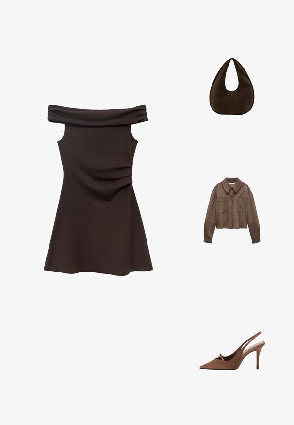 Veste cropped en daim synthétique marron avec un col, deux poches poitrine et des manches longues, dotée d'une fermeture par bouton et de détails cousus.; Robe marron décolletée, avec un corsage ajusté, en tissu doux, et des détails froncés à la taille, s'évasant en une jupe style patineuse.; Escarpin slingback marron à bout pointu avec un petit nœud sur le devant et un talon aiguille fin.; Sac à main en daim marron foncé en forme de croissant avec une seule sangle large et une texture lisse sur fond blanc.