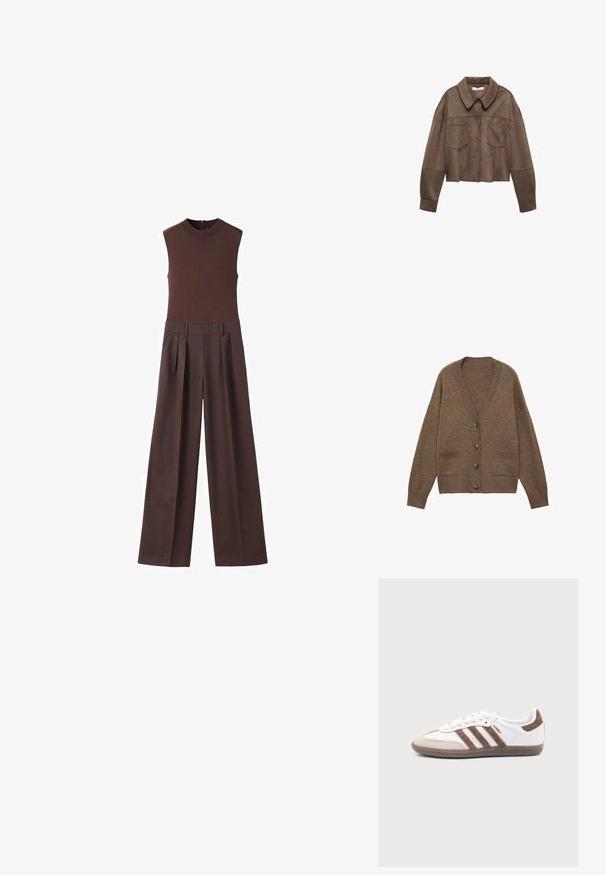 Veste cropped en daim synthétique marron avec un col, deux poches poitrine et des manches longues, dotée d'une fermeture par bouton et de détails cousus.; Jumpsuit sans manches marron avec un col haut. Présente des pantalons larges plissés et une texture côtelée sur la partie supérieure. Design simple sans matériel visible.; Cardigan en laine marron avec un col en V, cinq boutons et deux poches avant. Manches et ourlet côtelés, coupe décontractée, texture douce.; Baskets Adidas Samba blanches avec des bandes en daim marron, semelle en caoutchouc marron et bout en daim beige, vues du côté extérieur sur un fond uni.