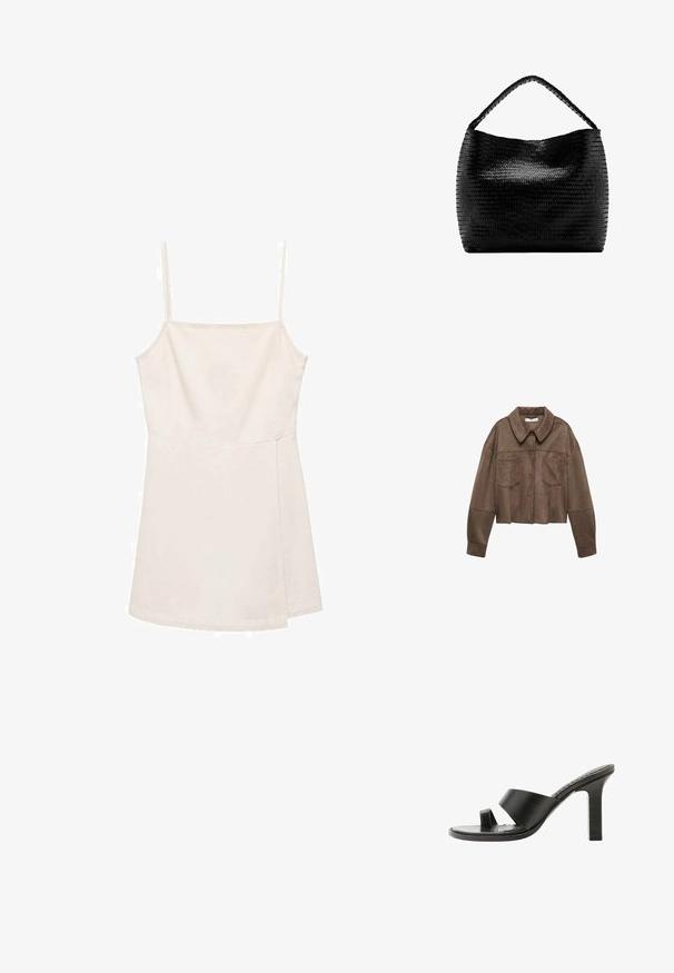 Brun faux suede cropped jakke med krave, to brystlommer og lange ærmer, samt knaplukning og syede detaljer.; Lysbeige ærmeløs top med tynde stropper, der har et simpelt lige snit og en glat, let skinnende overflade. Ingen mønstre eller detaljer.; Sort højhælet sandal med bred rem over foden og en tåloop, vist fra siden på en hvid baggrund.; Sort vævet håndtaske med et enkelt flettet håndtag og en bred, blød rektangulær krop mod en hvid baggrund.