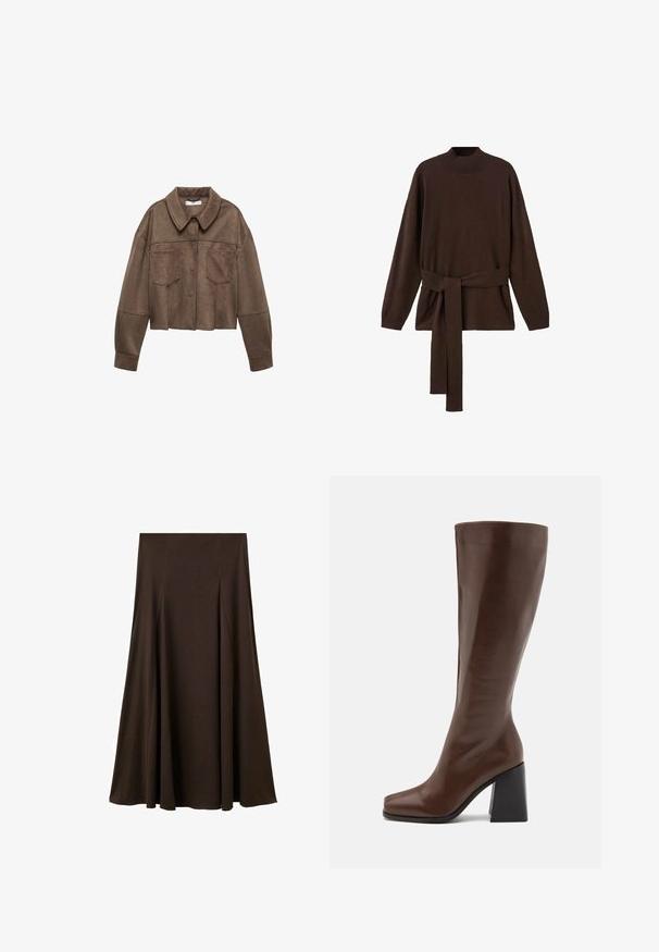 Bruine faux-suede cropped jas met een kraaghals, twee borstzakken en lange mouwen, voorzien van knoopsluiting en gestikte details.; Bruine gebreide trui met hoge halslijn, lange mouwen en een bijpassende tailleband. Zachte textuur en een ontspannen pasvorm.; Bruine, lange rok gemaakt van een zachte, gladde stof. Heeft subtiele plooien, een eenvoudig ontwerp en een elastische tailleband voor comfort.; RAID RENZO - Laarzen - brown