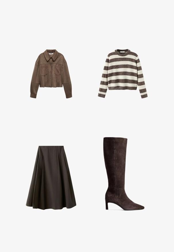 Bruine faux-suede cropped jas met een kraaghals, twee borstzakken en lange mouwen, voorzien van knoopsluiting en gestikte details.; Gestreepte trui in crème en donkerbruin. Geribbelde ronde hals, lange mouwen en een cropped zoom. Zachte textuur met een ontspannen pasvorm.; Zwarte A-lijn rok met hoge taille en uitlopende zoom, gemaakt van gladde stof, getoond tegen een witte achtergrond.; Bruine suede kniehoge laars met een puntige neus en een hak van 7,5 cm. Glad textuur, slanke silhuet en minimalistisch ontwerp.