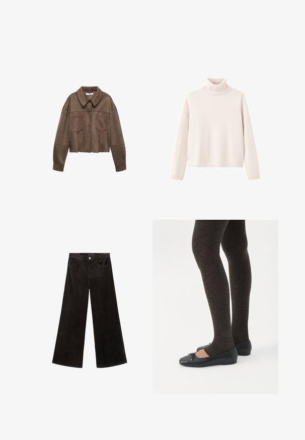 Veste cropped en daim synthétique marron avec un col, deux poches poitrine et des manches longues, dotée d'une fermeture par bouton et de détails cousus.; Pull à col roulé rose clair en tissu tricoté doux, doté d'un col et de poignets côtelés, avec une coupe décontractée et un design minimaliste.; Pantalons en velours côtelé noirs à jambes larges avec une taille haute, poches avant, et un tissu texturé, dotés d'une fermeture à bouton et de passants de ceinture.; Jambes portant des leggings côtelés foncés associés à des ballerines noires avec de petits détails en nœud sur fond blanc.