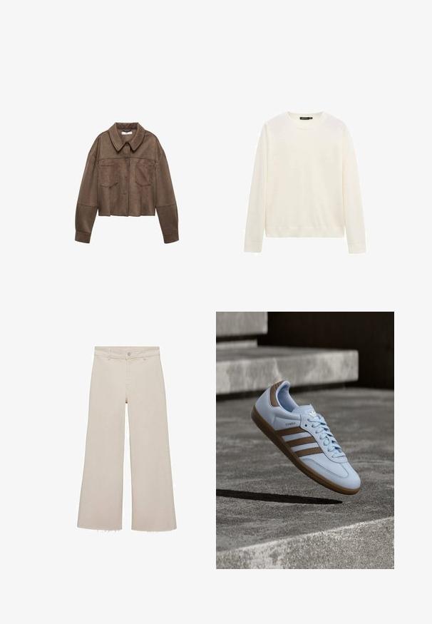 Bruine faux-suede cropped jas met een kraaghals, twee borstzakken en lange mouwen, voorzien van knoopsluiting en gestikte details.; Witte trui met lange mouwen en ronde hals, voorzien van geribbelde manchetten en zoom, afgebeeld tegen een effen witte achtergrond.; Beige wijde jeans met een hoge taille, gemaakt van denimstof. Heeft een rauwe zoom aan de onderkant en een sluiting met een knop en rits aan de voorkant.; Lichtblauwe sneaker met bruine suède accenten, voorzien van drie zijstrepen, platte veters en een getextureerde gumzool. Merkembleem op de tong.
