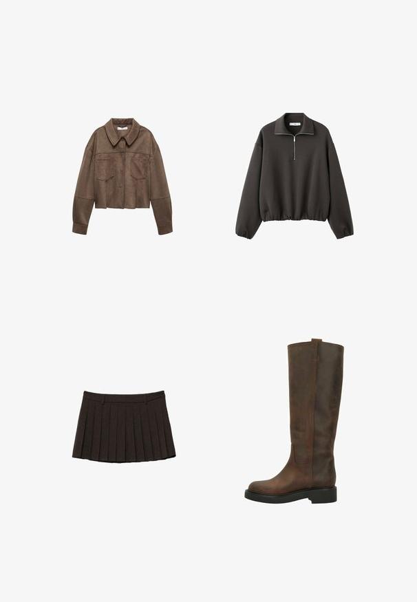 Veste cropped en daim synthétique marron avec un col, deux poches poitrine et des manches longues, dotée d'une fermeture par bouton et de détails cousus.; Sweat-shirt à col montant gris foncé, avec une courte fermeture éclair à l'avant et un ourlet élastiqué. Tissu doux avec une coupe décontractée et ample.; Mini-jupe plissée noire avec passants de ceinture et ceinture structurée sur fond blanc.; Botte en cuir marron, montant jusqu'au genou, avec un bout arrondi, une texture lisse et une semelle plate et épaisse. Présente un design simple et minimaliste avec des accents de couture.