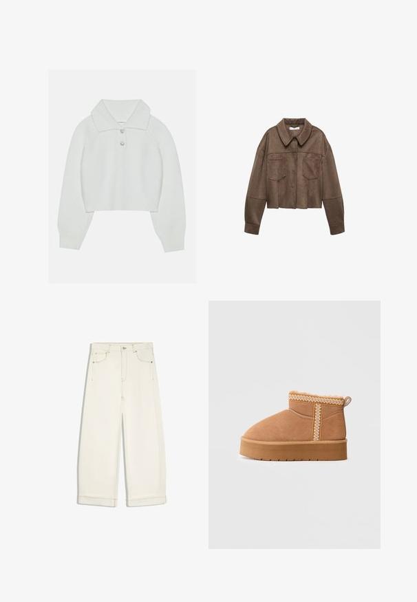 Bruine faux-suede cropped jas met een kraaghals, twee borstzakken en lange mouwen, voorzien van knoopsluiting en gestikte details.; Witte cropped sweater met een geribbelde textuur, grote kraag en drie decoratieve knopen bij de halslijn. Lange mouwen met geribbelde boorden.; Off-white wijde jeans met voorzakken, riemlussen, een knoopsluiting en zichtbare stiksels op een witte achtergrond.; Beige suède enkellaarsje met zachte voering, decoratieve stiksels en een stevige zool. Voorzien van een achterlus voor gemakkelijk aan- en uittrekken.