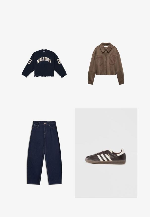 Brun faux suede cropped jakke med krave, to brystlommer og lange ærmer, samt knaplukning og syede detaljer.; Marineblå ribstrikket sweater med cropped design, frynset kant og fed cremefarvet skrift "WRSTBHVR" samt tallene "2" og "3" på ærmerne.; Mørkeblå denimjeans med løs pasform, fem lommer, knaplukning og kontrasterende gule syninger langs sømmene.; Mørkebrune lædersneakers med hvidt tre-stribet design, en gummisål og "Samba" i gyldne bogstaver på siden. Klassisk lavtopform.