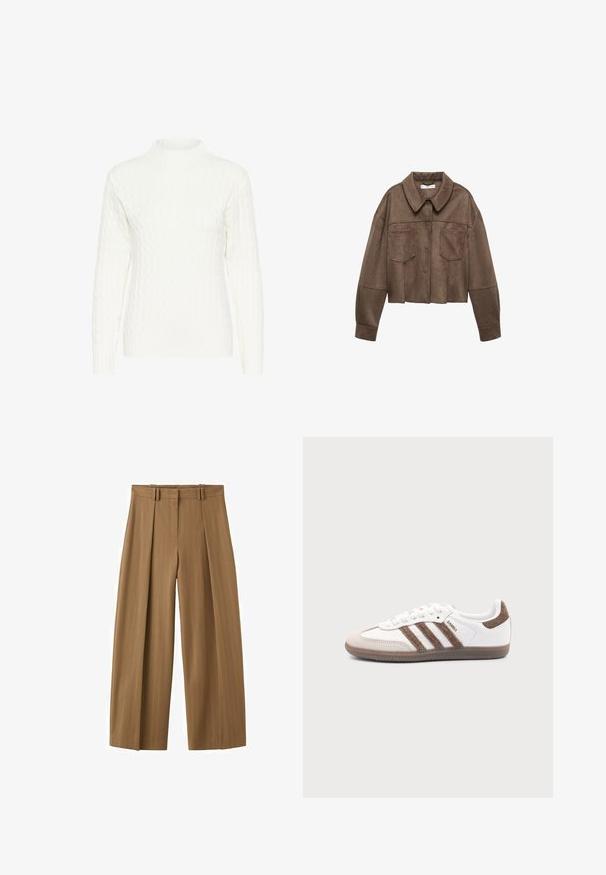 Veste cropped en daim synthétique marron avec un col, deux poches poitrine et des manches longues, dotée d'une fermeture par bouton et de détails cousus.; Pull en maille torsadée blanche avec un col montant, des manches longues et un motif texturé. Le tissu semble doux et légèrement extensible.; Pantalon marron taille haute à jambes larges avec fines rayures, plis sur le devant, passants pour ceinture et fermeture éclair dissimulée sur le devant.; Baskets Adidas Samba blanches avec des bandes en daim marron, semelle en caoutchouc marron et bout en daim beige, vues du côté extérieur sur un fond uni.