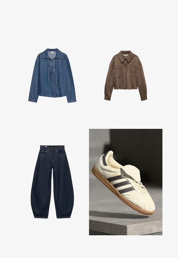 Brun faux suede cropped jakke med krave, to brystlommer og lange ærmer, samt knaplukning og syede detaljer.; Denim langærmet pullover med snørelukning foran og krave, løs pasform og lige kant.; Mørkeblå vidde jeans med frontlommer, bæltestropper og knaplukning i taljen.; Cremefarvede lædersneakers med tre mørke striber, en brun gummisål og en afrundet tå. Har en foldbar tunge mærket "SAMBA."