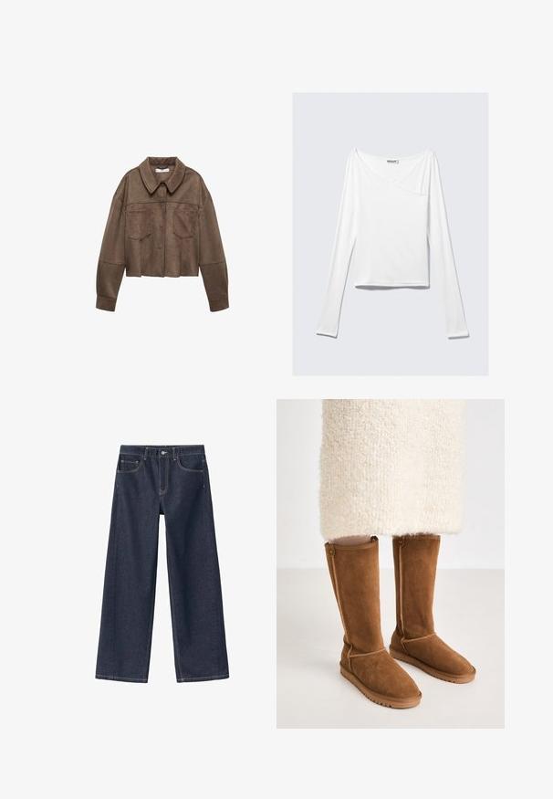 Bruine faux-suede cropped jas met een kraaghals, twee borstzakken en lange mouwen, voorzien van knoopsluiting en gestikte details.; Witte long-sleeve top met een crossover ontwerp en een zak. Gemaakt van een gladde, rekbare stof. Geknipt in een casual, relaxte pasvorm.; Donkerblauwe denim wijde pijpen met een hoge taille, zichtbare stiksels, twee voorzakken en een knoopsluiting bij de tailleband.; Knee-high bruine suède laarzen met een gladde textuur, voorzien van zijstiksels en een rubberen zool voor grip.