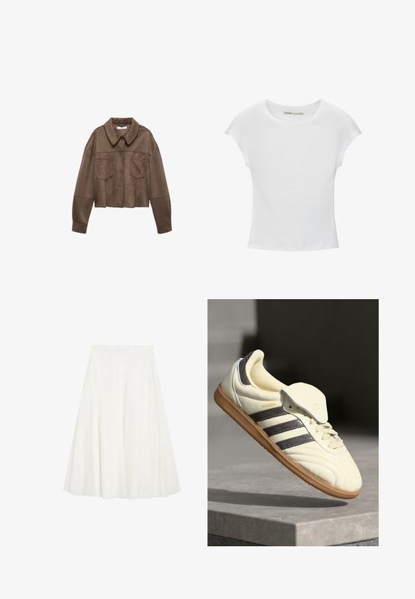 Bruine faux-suede cropped jas met een kraaghals, twee borstzakken en lange mouwen, voorzien van knoopsluiting en gestikte details.; Witte katoenen T-shirt met korte, opgerolde mouwen, een ronde halslijn en een rechte zoom. Gladde textuur zonder zichtbare patronen of accenten.; Witte A-lijn rok tot op kniehoogte met een aangesloten tailleband, voorzien van zachte plooien voor extra volume en beweging.; Crème leren sneaker met drie donkere strepen, een bruine gumrubberen zool en een ronde neus. Voorzien van een opvouwbare tong met het label "SAMBA."