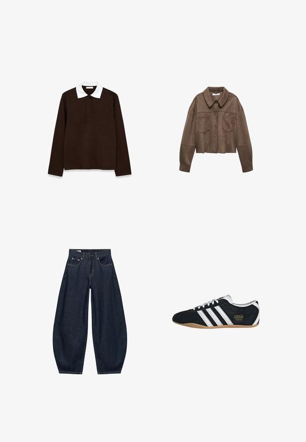 Bruine faux-suede cropped jas met een kraaghals, twee borstzakken en lange mouwen, voorzien van knoopsluiting en gestikte details.; Langsleeve polo shirt in donkerbruin stof met een witte, gestructureerde kraag en een drie-knops stolp. Glad, comfortabel materiaal.; Donkerblauwe denim jeans met wijde pijpen, voorzakken, riemlussen en een knoopsluiting in de taille.; Zwarte suède sneaker met witte drie strepen, gouden logo en een bruine rubberen zool. Heeft een laag profiel vetersluiting ontwerp.