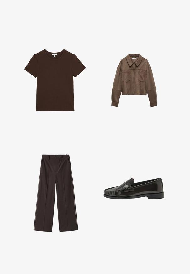 Brun faux suede cropped jakke med krave, to brystlommer og lange ærmer, samt knaplukning og syede detaljer.; Ensfarvet mørkebrun T-shirt med korte ærmer og rund hals, lagt fladt, med et lille hvidt mærke inde i halsudskæringen.; Brune brede bukser lavet af glat materiale med hvide sidestriber. Funktioner inkluderer forlommer og en høj talje.; Sort blank læder herre slip-on loafer med syning på moc tå og lav stablet hæl, vist i sideprofil på hvid baggrund.