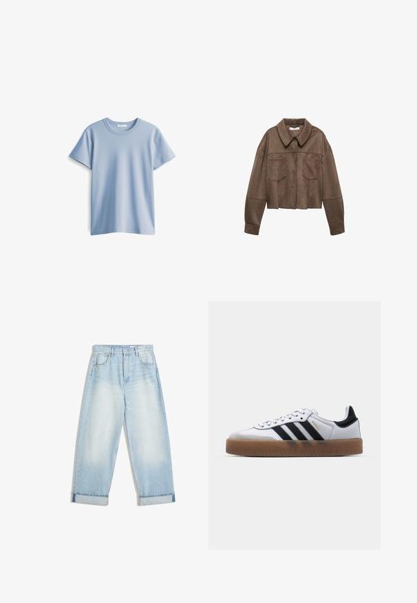 Bruine faux-suede cropped jas met een kraaghals, twee borstzakken en lange mouwen, voorzien van knoopsluiting en gestikte details.; Lichtblauwe katoenen t-shirt met een ronde hals en korte mouwen. Glad textuur en rechte zoom, eenvoudig en klassiek ontwerp.; Lichtblauwe denim wijde jeans met hoge taille, met een opgerolde zoom, vijf zakken en een subtiele vervaging op de stof.; Witte leren sneakers met zwarte strepen, gumrubberen buitenzool, ronde neus, vetersluiting en een zachte grijze suède neuskap.