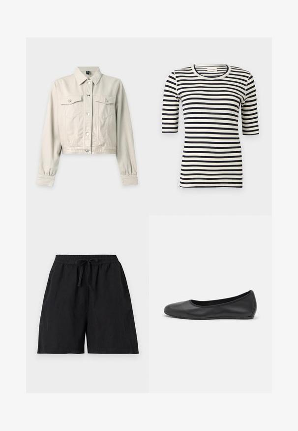 Veste en jean courte beige clair à manches longues, devant boutonné, deux poches poitrine à rabat et col classique.; Chemise ajustée à rayures horizontales noires et blanches avec manches jusqu'au coude et col rond.; Short noir décontracté avec ceinture élastique et cordon à l'avant, avec poches latérales et coupe ample.; Ballerines en cuir noir avec un bout rond, texture lisse, détails de couture minimalistes et design de semelle flexible.