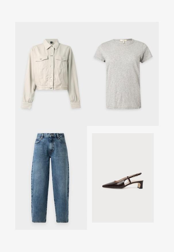Veste en jean courte beige clair à manches longues, devant boutonné, deux poches poitrine à rabat et col classique.; T-shirt gris clair à manches courtes et col rond avec un motif chiné subtil affiché sur un fond uni.; Jean en denim bleu clair avec une coupe droite, taille haute et des coutures minimalistes. Style classique à cinq poches avec quincaillerie en métal.; Escarpin slingback marron à bout pointu avec talon bloc bas, motif crocodile, découpe latérale et bride à boucle réglable, présenté sur fond blanc.