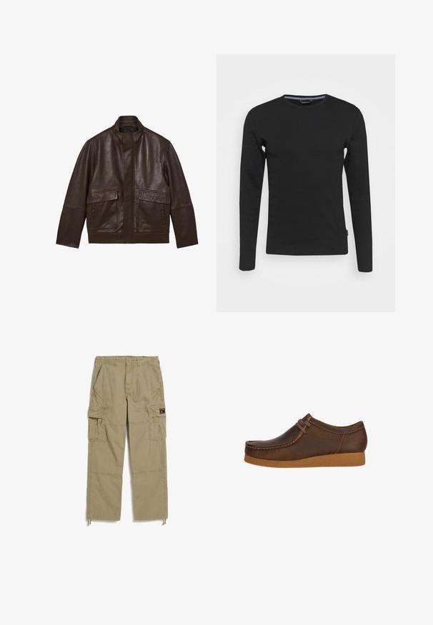 Veste en cuir marron foncé avec un col haut, une fermeture éclair frontale dissimulée par un rabat et deux grandes poches à rabat à l'avant.; Lindbergh O-NECK - T-shirt à manches longues - black; Pantalons cargo beige avec plusieurs poches latérales, ourlets à cordon de serrage et en tissu coton résistant. Doté d'une étiquette sur la poche droite.; Chaussure en cuir marron avec un bout arrondi et des détails cousus, dotée d'un lacet marron et d'une semelle en caoutchouc texturé beige.