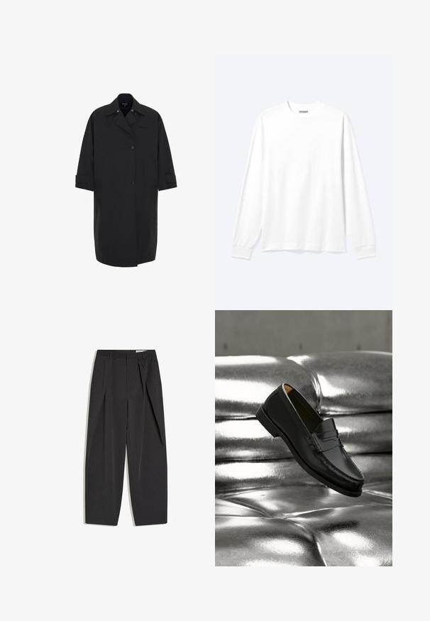 Longue manteau noir en matériau lisse et résistant à l'eau. Présente un design croisé, de grandes poches et des poignets repliés.; Chemise blanche unie à manches longues avec col rond et poignets côtelés, présentée sur un fond clair neutre.; Pantalon noir taille haute, coupé droit, avec pinces et passants de ceinture, présenté à plat sur un fond blanc.; Mocassin en cuir noir flottant au-dessus d'un canapé en cuir argenté brillant matelassé à boutons dans un décor minimaliste.