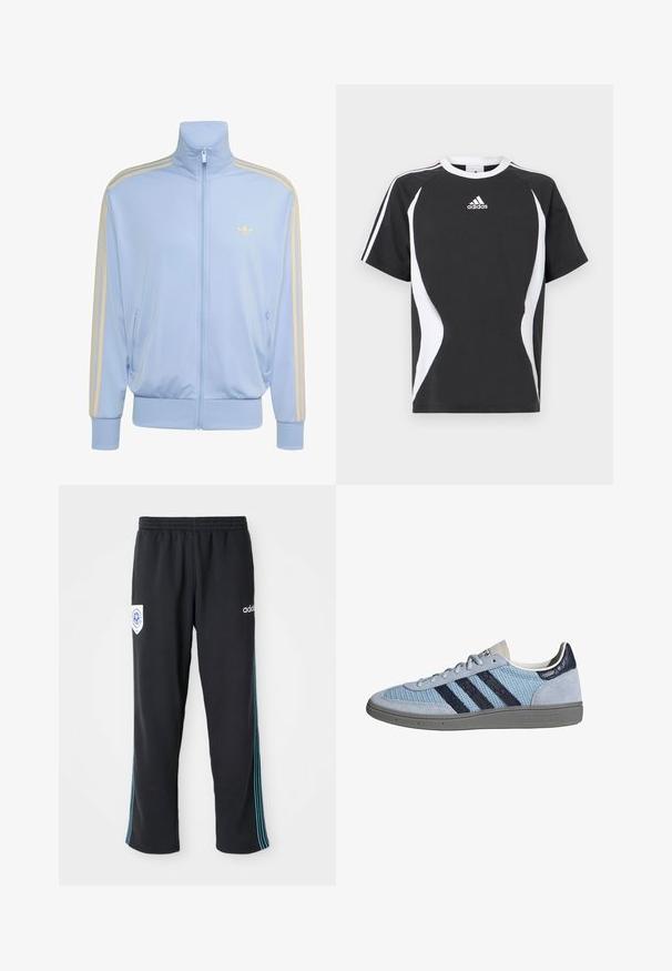 Hellblaues Trainingsjacke mit Reißverschluss und hohem Kragen, beige dreifache Streifen an den Ärmeln und beiges Adidas-Trefoil-Logo auf der Brust.; Schwarzes kurzärmeliges T-Shirt mit weißen Designakzenten und Adidas-Logo auf der Brust. Hergestellt aus weichem Baumwollmaterial mit Rundhalsausschnitt.; Schwarze Polyester-Sporthosen mit elastischem Bund, ausgestattet mit einem blauen Streifen an der Seite und einem Logo auf der linken Vorderseite der Hüfte.; Hellblauer Adidas-Sneaker mit dunkelblauen Streifen, Wildleder an Zehen- und Fersenbereich, strukturierte Sohle und Schnürverschluss, Seitenansicht auf weißem Hintergrund.