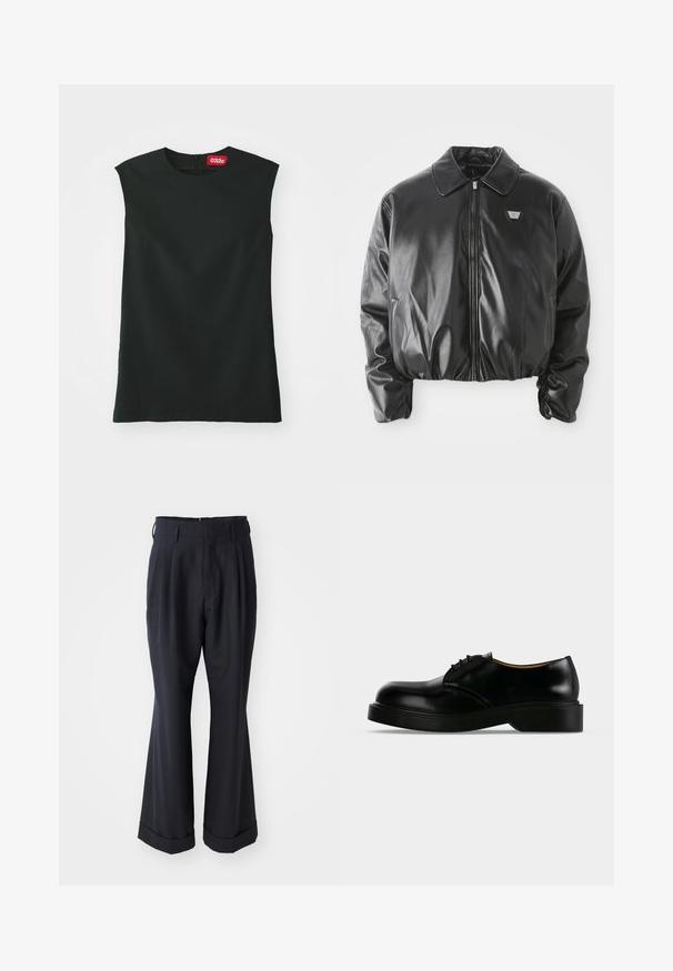 Veste bomber en similicuir noir avec fermeture éclair à l'avant, patch logo sur la poitrine, ourlet et poignets élastiques, et col classique sur fond blanc.; Un haut sans manches noir avec un col rond, en tissu lisse, et une fermeture éclair au dos. Il présente une petite étiquette rouge avec le logo "032c" au niveau du cou.; Pantalons noirs ajustés avec une coupe décontractée, devant plissé et jambes larges. Caractéristiques d'un ourlet à retournement et d'une texture de tissu lisse.; Chaussure de ville noire en cuir poli à lacets, avec une semelle épaisse, un bout arrondi et un petit talon, montrée de profil sur un fond uni.