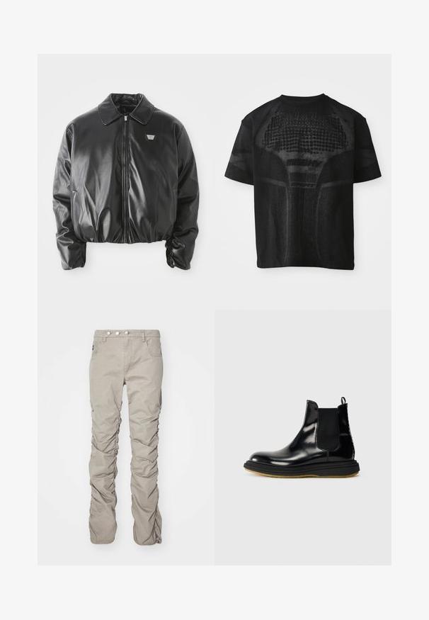 Black faux leather bomber jacket with front zipper, chest logo patch, elasticated hem and cuffs, and classic collar on white background.; Black short-sleeve sports T-shirt with textured pattern and subtle "MISBHV SPORT" text on front.; Beige, textured fabric pants with a ruched design, featuring a button fly, five pockets, and a straight leg cut.; Black leather Chelsea boot with a shiny finish, elastic side panels, pull tab, and a textured rubber sole.