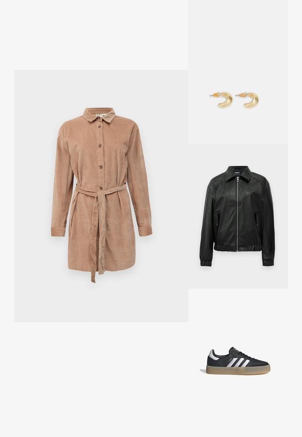 Chaqueta bomber de cuero sintético negra con cremallera frontal, dos bolsillos con solapa y botón a presión, puños elásticos y un cuello extensible.; Vestido camisero de pana de color marrón claro con mangas largas, cuello y un cinturón de tela a juego atado en la cintura.; Zapatilla deportiva de cuero negro con tres rayas plateadas, punta texturizada y suela de goma. Cuenta con un collar acolchado y un diseño con cordones.; Pendientes en forma de media luna de oro con un acabado suave, que presentan acentos naranjas cerca del pasador y herrajes de plata.