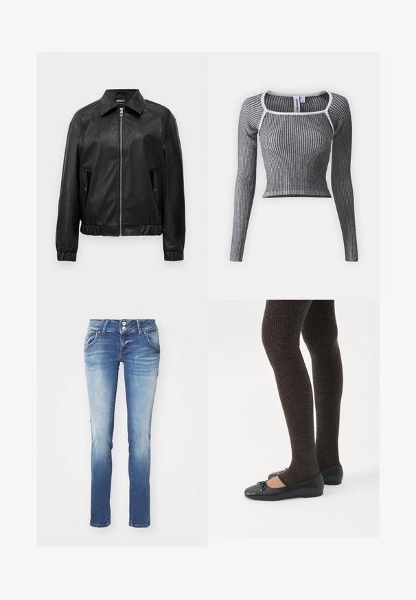 Mustast kunstnahast bomber-jakist, millel on esikülje tõmblukk, kaks nööbiga klapiga taskut, elastsed varrukad ja lai kaelus.; Hallilt rohelise ribaga pikkade varrukatega crop top, millel on kontrastne valge kaelus. Sellel on liibuv disain ja tekstureeritud kangas.; Kitsas sinine denim püksid, millel on hägune pesu. Omab kahte esi-taskut ja nööbiga kinnitamist, kerge kulumisega hemme lähedal.; Jalad seljas tumedad soonelises soonelises kombines mustade baleriinadega, millel on väikesed paelade detailid valgel taustal.
