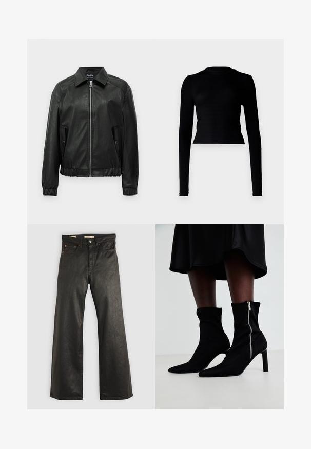 Sort faux læder bomberjakke med frontlynlås, to klaplommer med trykknap, elastiske manchetter og skjortekrave.; Sort langærmet crop top i ribbet tekstur, med høj halsudskæring og tætsiddende design. Minimalistisk stil uden synlige mønstre eller accenter.; Sorte denim bukser med brede ben og en glat tekstur, der har fem lommer og detaljer i kobberfarvet metal. Klassisk knaplukning.; Sorte ankelstøvler med en strækbart stofoverdel, spids tå og en sidelukning med lynlås, sat på en slank, høj hæl.