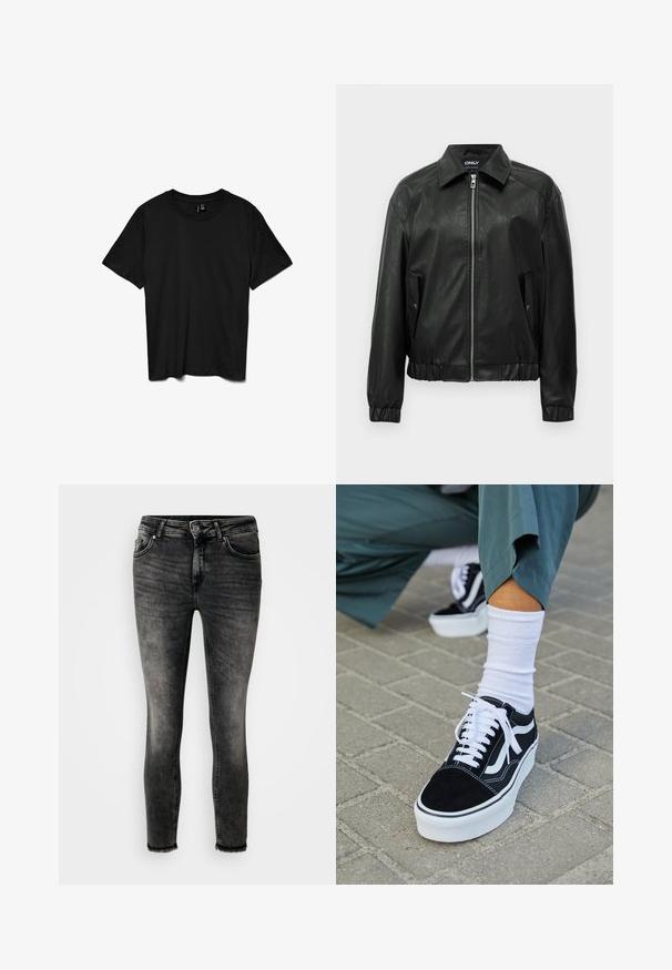 Čierna umelá kožená bomber bunda s predným zipsom, dvoma vreckami so skladanou klopou na patentky, elastickými manžetami a rozšíreným golierom.; Čierne tričko s krátkym rukávom a okrúhlym výstrihom, s jednofarebným dizajnom, zobrazené na bielom pozadí.; Slim-fit džíny v vyblednutej čiernej farbe, so štyrmi vreckami, zipsovým zapínaním a surovým lemom. Vyrobené z denimu s hladkou textúrou.; Čierne semišové tenisky s bielymi akcentmi a šnúrkami, s hrubou bielou podrážkou a kontrastným prešívaním, doplnené o bielu ponožku.