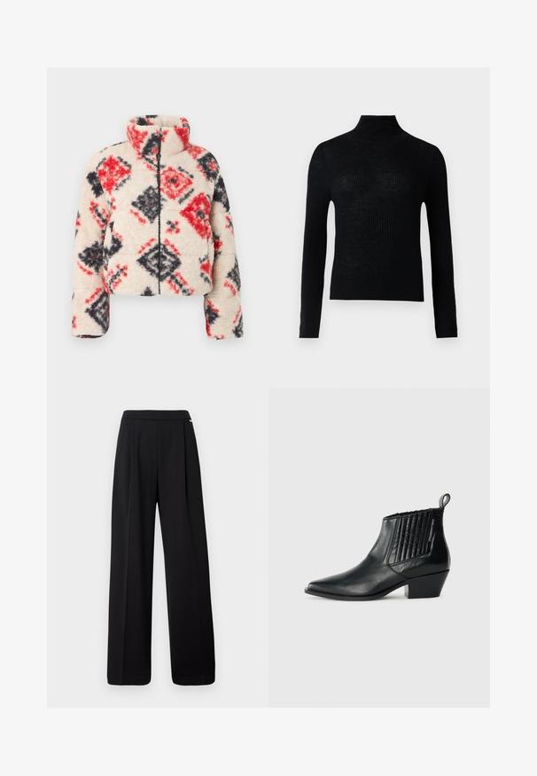 Sherpa lynlåsjakke med høj krave, med en cremefarvet base og et diamantmønster i rød og sort. Blød tekstur og kompakt silhuet.; Sort ribbet rullekravesweater med lange ærmer og tætsiddende design. Lavet af strikket stof, teksturen virker let gennemsigtig.; Sorte bukser med høj talje og vide ben, der har forreste sømme og en glat taljebånd, vist mod en hvid baggrund.; Sort læder ankelstøvle med spidse tæer, quiltet sidepanel og en lav blokhæl. Diskret branding på siden.