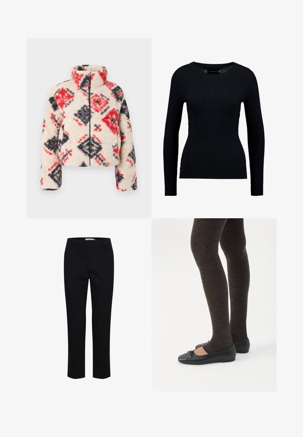 Sherpa lynlåsjakke med høj krave, med en cremefarvet base og et diamantmønster i rød og sort. Blød tekstur og kompakt silhuet.; Sort ribbet langærmet sweater med rund halsudskæring og tætsiddende silhuet. Teksturen er glat med en subtil strækbarhed.; Sorte bomuldsbukser designet med lige pasform. Har fem lommer og en frontknaplukning. Glat tekstur, minimale syninger.; Ben iført mørke ribbede leggings kombineret med sorte balletsko med små sløjfedetaljer på hvid baggrund.