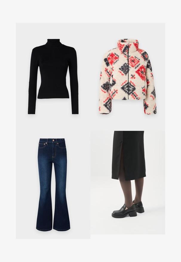 Veste Sherpa zippée avec un col montant, présentant une base crème et un motif en losanges rouge et noir. Texture douce et silhouette gonflée.; JDY CIRKELINE ROLL NECK - Pullover - black; Jean évasé bleu foncé à taille haute, en denim. Doté de quincaillerie de couleur cuivrée et d'un design classique à cinq poches. Texture lisse.; Femme portant des mocassins noirs à talons épais, des collants noirs transparents et une jupe noire fendue à l'arrière sur fond blanc.
