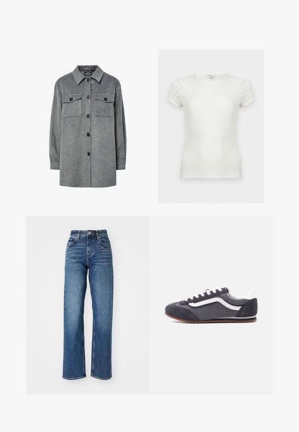 Grå, knap-op skjortejakke lavet af blødt uldblandingsmateriale, med en klassisk krave, to brystlommer og sorte knapper.; Plain hvid tætsiddende t-shirt med korte ærmer og rund halsudskæring, vist på en neutral baggrund.; Højtaljede, brede jeans lavet af blåt denim. Har fem lommer, en knaplukning og let stræk på stoffet.; Grå og mørkegrå ruskindssneaker med hvide snørebånd, hvid hæl, hvid sideliste og brun gummisål, set fra siden.