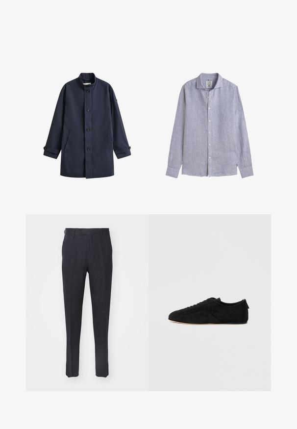 Marineblauwe mantel van middellange lengte met opstaande kraag, knoopsluiting, twee voorzakken en knoopmanchetten aan de lange mouwen.; Overhemd met lange mouwen en knoopsluiting, met blauwe en witte dunne verticale strepen en een brede kraag, plat neergelegd op een witte achtergrond.; Marinebroeken gemaakt van een lichtgewicht stof, met een rechte pasvorm, een platte voorkant, riemlussen en twee zijzakken. Soepele textuur.; Zwarte suède lage sneaker met veters aan de voorkant en een beige zool, getoond vanaf de buitenkant tegen een lichtgrijze achtergrond.