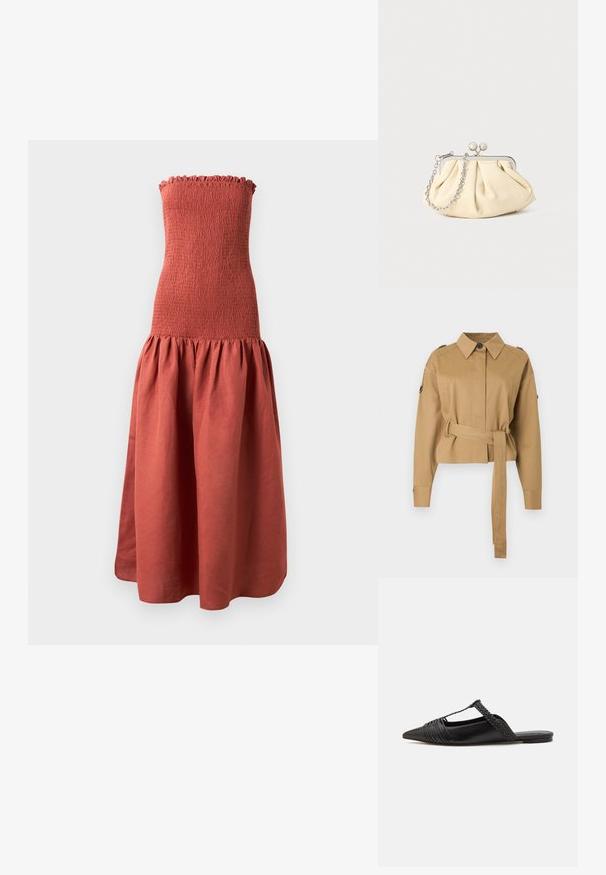 Veste courte marron clair à manches longues, col boutonné, épaulettes et ceinture assortie en tissu nouée à la taille.; Robe longue sans bretelles avec un corsage froncé dans une couleur rouille, présentant une jupe évasée et froncée pour un look texturé.; Chaussure en cuir noir à talon ouvert avec un bout pointu, présentant un accent tressé et un design supérieur plissé. Semelle plate avec un matériel minimal.; Pochette en cuir beige plissé avec un cadre en métal argenté, dotée de deux fermoirs ronds décoratifs et d'une chaîne en argent.