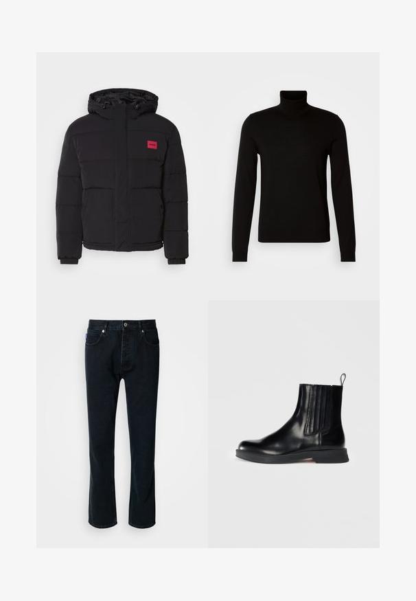 Schwarze Daunenjacke mit Kapuze, ausgestattet mit einem roten Logoschild, gestepptem Muster, Fronttaschen und elastischen Bündchen für Wärme und Komfort.; Schwarzer Rollkragenpullover aus feiner Strickware, mit langen Ärmeln und taillierter Silhouette. Glatte Textur mit gerippten Bündchen.; HUGO JONAH - Jeans Straight Leg - dark blue; Schwarze Lederstiefelette mit elastischen Seiteneinsätzen, runder Zehenpartie, niedrigem Blockabsatz und Zuglasche. Verfügt über eine glänzende Textur und ein elegantes Design.