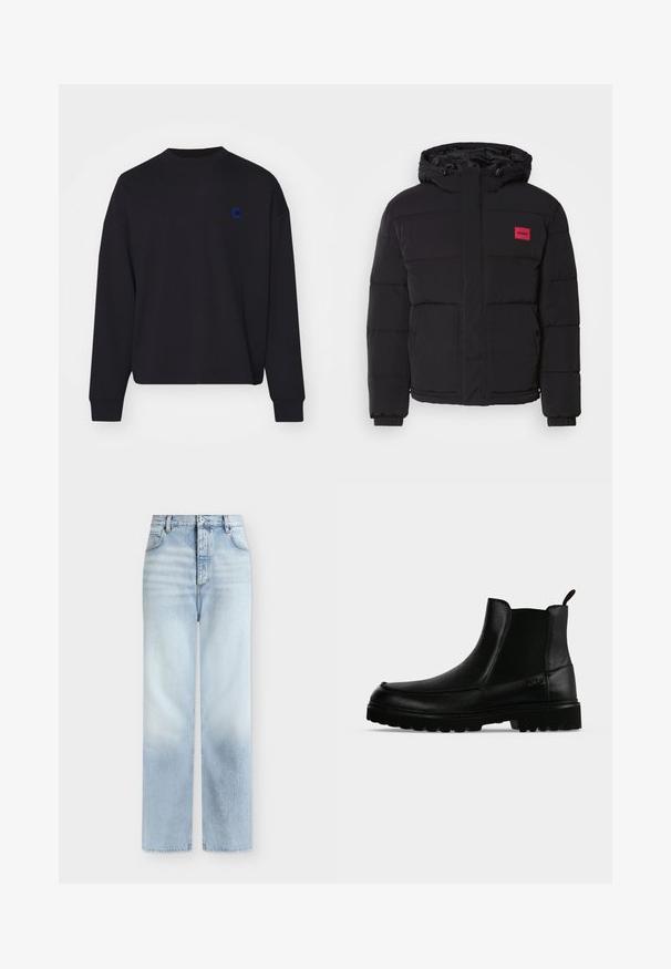 Schwarze Daunenjacke mit Kapuze, ausgestattet mit einem roten Logoschild, gestepptem Muster, Fronttaschen und elastischen Bündchen für Wärme und Komfort.; Schwarzer Pullover aus Baumwolle mit rundem Halsausschnitt und lässiger Passform. Er hat ein kleines blaues gesticktes Logo auf der Brust.; Hellblaue, hoch taillierte Jeans mit geradem Bein, Fronttaschen, Gürtelschlaufen und einem Knopfverschluss.; Schwarzer Lederknöchelstiefel mit strukturierter Sohle, elastischen Seitenteilen und Zuglasche vor einem hellgrauen Hintergrund.