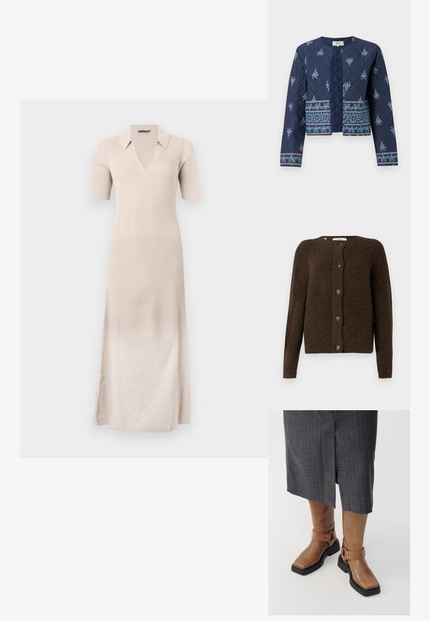 Marineblå quiltet jakke med blå broderede blomster mønstre. Har en rund halsudskæring og åben front, med lange ærmer og teksturerede detaljer.; Brun strikket cardigan lavet af blødt materiale, med rund halsudskæring, forreste knapper og lange ærmer. Struktureret finish hele vejen igennem.; Beige ribbet kjole med korte ærmer, V-hals og krave. Lang, tætsiddende silhuet med splidser i siden for at lette bevægelse. Blød tekstur.; Brune læder knæhøje støvler med firkantet tå, sort gummisål og justerbar spænde-detalje. Båret med en grå stribet nederdel.