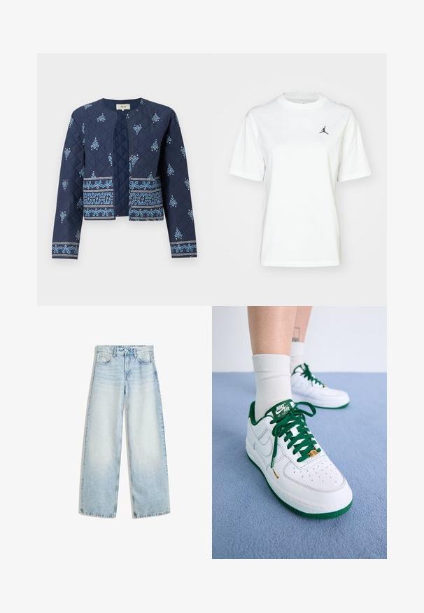 Marine-gekleurde gewatteerde jas met blauwe geborduurde bloemenpatronen. Heeft een ronde halslijn en een open voorkant, met lange mouwen en textuurelementen.; Witte katoenen t-shirt met korte mouwen, ronde hals, en een klein zwart Jordan-logo op het bovenste linkerkant van de borst.; Lichtblauwe denim wijde jeans met een hoge taille, vijf zakken, een knoopsluiting en een vervaagde afwerking. Heeft rechte, losse benen.; Witte leren Nike Air Force 1 schoenen met groene accenten, veters en zool; met geperforeerde neus en gouden details op het vetergebied.