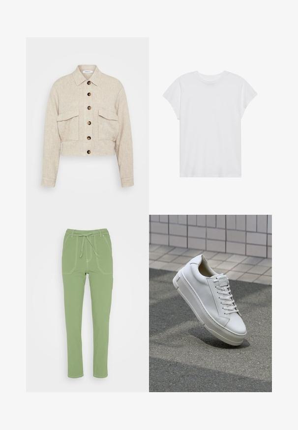 Chaqueta beige corta hecha de tela texturizada, con botón frontal, dos bolsillos en el pecho y un cuello clásico con botones marrones.; Camiseta blanca de manga corta con cuello redondo, corte relajado, hecha de suave tela de algodón. Textura lisa, sin estampados ni logotipos.; Marks & Spencer SLIM - Pantalones - bright sage; Zapatilla de cuero blanca con diseño bajo, cordones planos, punta redondeada y laterales texturizados. Suela de goma gruesa con acentos sutiles.