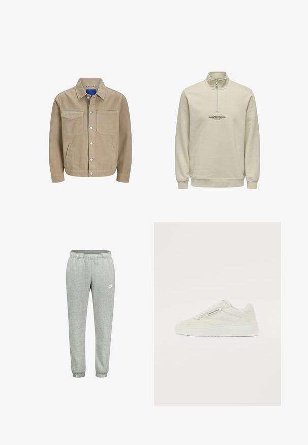 Tan denim jasje met twee borstzakken, zijzakken en drukknopen. Heeft een klassieke kraag en een blauwe binnenvoering.; Beige fleece sweatshirt met een kwart ritssluiting en een hoge kraag. Voorzien van een gecentreerd logo in zwarte tekst en ribbelboorden aan de mouwen en onderkant.; Grijze Nike joggingsbroek met een elastische tailleband, taps toelopende pijpen en elastische boorden, met een wit Nike-logo op de linkerbovenbeen.; Sneaker met een crème suede bovenkant, gestructureerde accenten en een witte rubberen zool. Heeft een ronde neus en platte veters. Merkenlabel zichtbaar aan de zijkant.