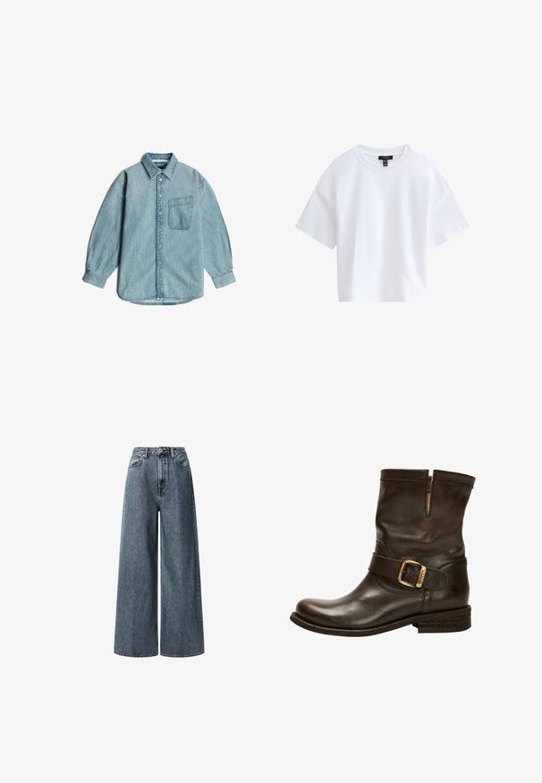 Hellblaues Denimhemd, mit Knopfverschluss vorne, klassischem Kragen, langen Ärmeln, einer einzelnen Brusttasche, weicher Textur und leicht weiter Passform.; Schlichtes weißes kurzärmeliges Cropped-T-Shirt mit rundem Ausschnitt und schwarzem Markenlabel innen im Kragen.; Weite, hoch geschnittene Jeans in dunkelblauem Denim. Mit klassischen Fronttaschen, Gürtelschlaufen und einem Reißverschluss mit Metallknopf.; Braune Leder-Stiefelette mit abgerundetem Zehenbereich, seitlichen Schnallen-Detail, genähten Akzenten und einem niedrigen Blockabsatz. Verfügt über eine ausgeprägte Textur.