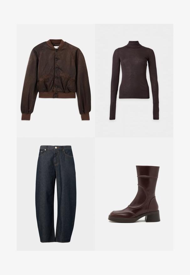 Braune Bomberjacke mit glänzender Textur, Raglanschnitten, elastischen Bündchen und Saum sowie schwarzen Knopfverschlüssen auf der Vorderseite.; Dunkelbrauner, langärmliger Rollkragenpullover mit schmaler Passform und leichtem Stoff auf schlichtem hellen Hintergrund.; Dunkelblaue Jeans mit weitem Bein, vorne mit Knopf, Reißverschluss und Taschen, vor schlichtem Hintergrund.; MIISTA MALENE - Stiefelette - brown