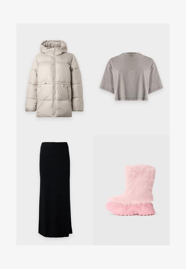 Chaqueta tipo plumas en beige claro con capucha, que cuenta con cierre de cremallera, cintura ajustable con cordón elástico y patrón acolchado para aislamiento.; Camiseta gris recortada hecha de tela suave, con escote redondo y mangas cortas con detalles de costuras visibles.; Falda larga, negra y de punto con una abertura lateral. Cuenta con una cinturilla elástica y una textura suave. Diseño simple y ajustado. Sin patrones ni detalles visibles.; Bota rosa gruesa con suela texturizada y suave, pelaje sintético esponjoso que cubre toda la parte superior.