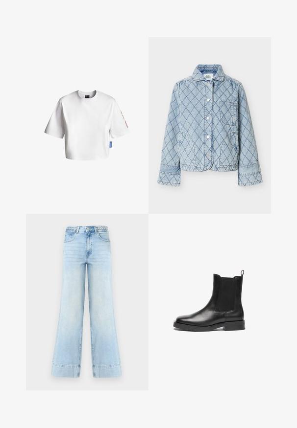 Hellblaue gesteppte Jeansjacke mit Rautenmuster, vorderen Knöpfen, Kragen, Brusttasche und zwei Seitentaschen.; Weißes, kurzes T-Shirt aus Baumwolle mit kurzen Ärmeln, rundem Ausschnitt und einem blauen Etikett an der Seite. Text auf dem Ärmel in Rot.; Hellblaue Jeans mit weitem Bein und hohem Bund, geflochtenen Gürtelschlaufen, vorderem Knopf, Reißverschluss und zwei Taschen vor weißem Hintergrund.; Schwarze Leder-Chelsea-Stiefel mit elastischen Seiteneinsätzen, runder Zehenpartie, Zugschlaufe und robuster schwarzer Gummisohle. Glatte Oberfläche und klassisches Design.