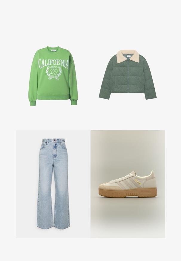 Veste matelassée en velours côtelé vert avec une fermeture éclair à l'avant et un col en fourrure crème, manches longues et coupe courte.; Sweatshirt vert à col rond, coupe oversize et manches longues. Présente le texte blanc "CALIFORNIA" et un graphique de volleyball avec des accents de laurier.; Jean large en denim bleu clair avec taille haute, design classique à cinq poches et couture contrastante. Détail de ourlet brut en bas.; Baskets Adidas crème et beige avec semelle en gomme, trois bandes sur le côté et "SPECIAL" écrit en or près des lacets.