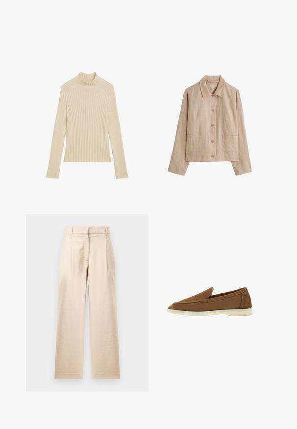Beige langærmet jakke med knapper, to forlommer og spids krave, lavet af let vævet stof.; Ribbet strikket langærmet top i off-white med høj krave og slim fit. Har vertikal tekstur og en cropped kant.; Beige bukser lavet af glat stof. Har en lige pasform, flad front og to plisses. Ingen synlige mønstre eller metaldele.; Brun slip-on loafers med vævet hældetalje og hvid gummisål, vist i sideprofil på hvid baggrund.