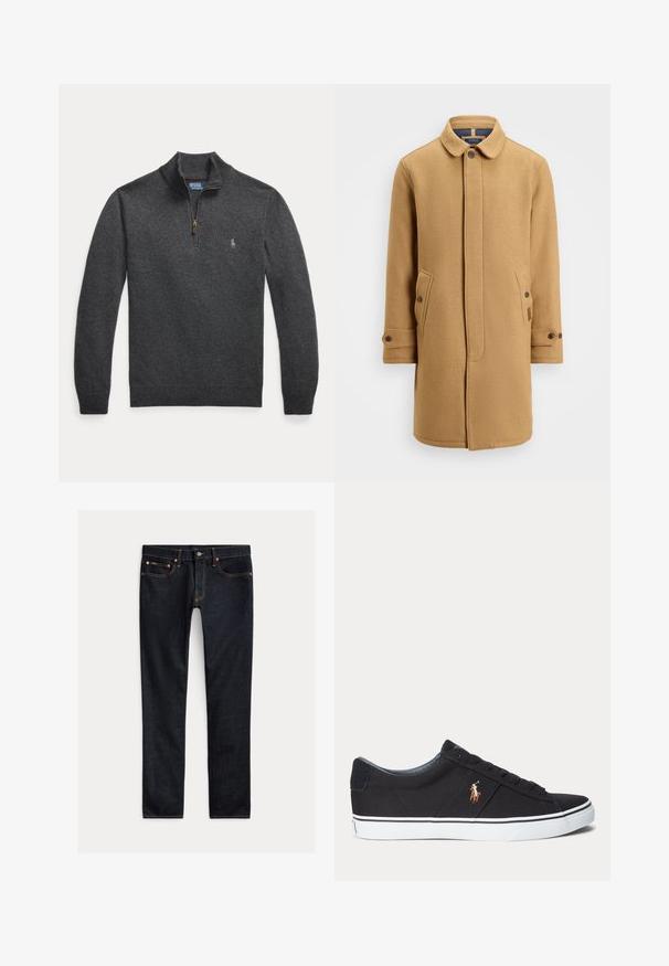 Tan uldblandet frakke med krave, knaplukning foran, to sidelommer og justerbare ærmer. Har struktureret stof og minimalistisk design.; Mørkegrå langærmet pullover med kvart lynlås og et lille broderet logo på venstre bryst.; Mørkeblå slim-fit jeans med fem lommer, knaplukning og kontrastsyning lagt fladt på en lys baggrund.; Sort lav sneakersko med hvid sål og broderet polo spiller logo på siden, med snørebånd og tekstureret stofoverdel.