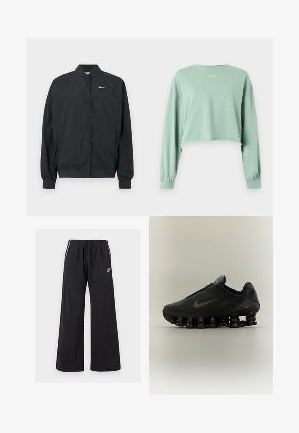 Sort Nike-jakke med en let, glat tekstur. Den har høj krave, frontlukning med trykknapper og et lille hvidt logo på brystet.; Lysegrøn cropped langærmet sweatshirt med elastiske manchetter og lille hvidt Nike-logo centreret under halsudskæringen.; Sorte sweatpants lavet af blødt stof, med en elastisk talje og snøre, sidestriber og et lille logo på venstre front.; Sort Nike-sneaker med lynlåsfunktion øverst og karakteristisk fjederlignende opdelt sål, vist i sideprofil mod en neutral baggrund.