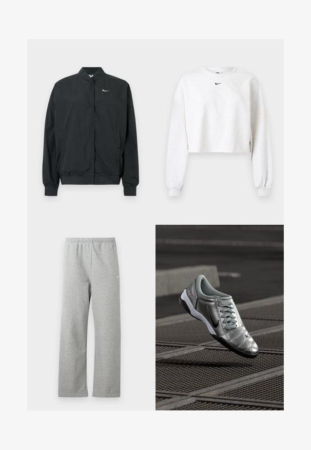 Μαύρο μπουφάν Nike με ελαφριά, απαλή υφή. Διαθέτει ψηλό γιακά, κλείσιμο με κουμπιά μπροστά και μικρό λευκό λογότυπο στο στήθος.; Κοντή φούτερ σε ανοιχτό γκρι, κατασκευασμένη από απαλό ύφασμα. Διαθέτει στρογγυλή λαιμόκοψη, μακριά μανίκια με ελαστικά μανσέτα και μαύρο λογότυπο Nike πάνω από το στήθος.; Ανοιχτό γκρι φόρμα με ελαστική μέση και μικρό λευκό λογότυπο Nike στο πάνω μέρος του μηρού, εμφανίζεται επίπεδη σε λευκό φόντο.; Ασημί παπούτσι Nike με λεία επιφάνεια, διαθέτοντας σχέδιο με κορδόνια και μαύρη σόλα. Υφή στο επάνω μέρος με διακριτές λεπτομέρειες και λογότυπο.